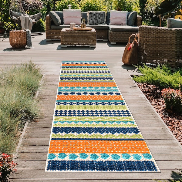 World Rug Gallery Palm Floral Leaves Indoor/Outdoor Runner Rug 2'x7' Gray Runner Rug 5557MULTI2X7 - main